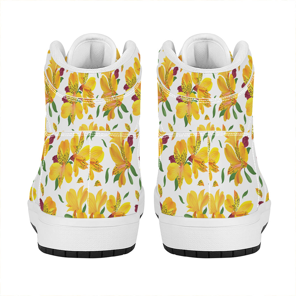 Yellow Alstroemeria Pattern Print High Top Leather Sneakers