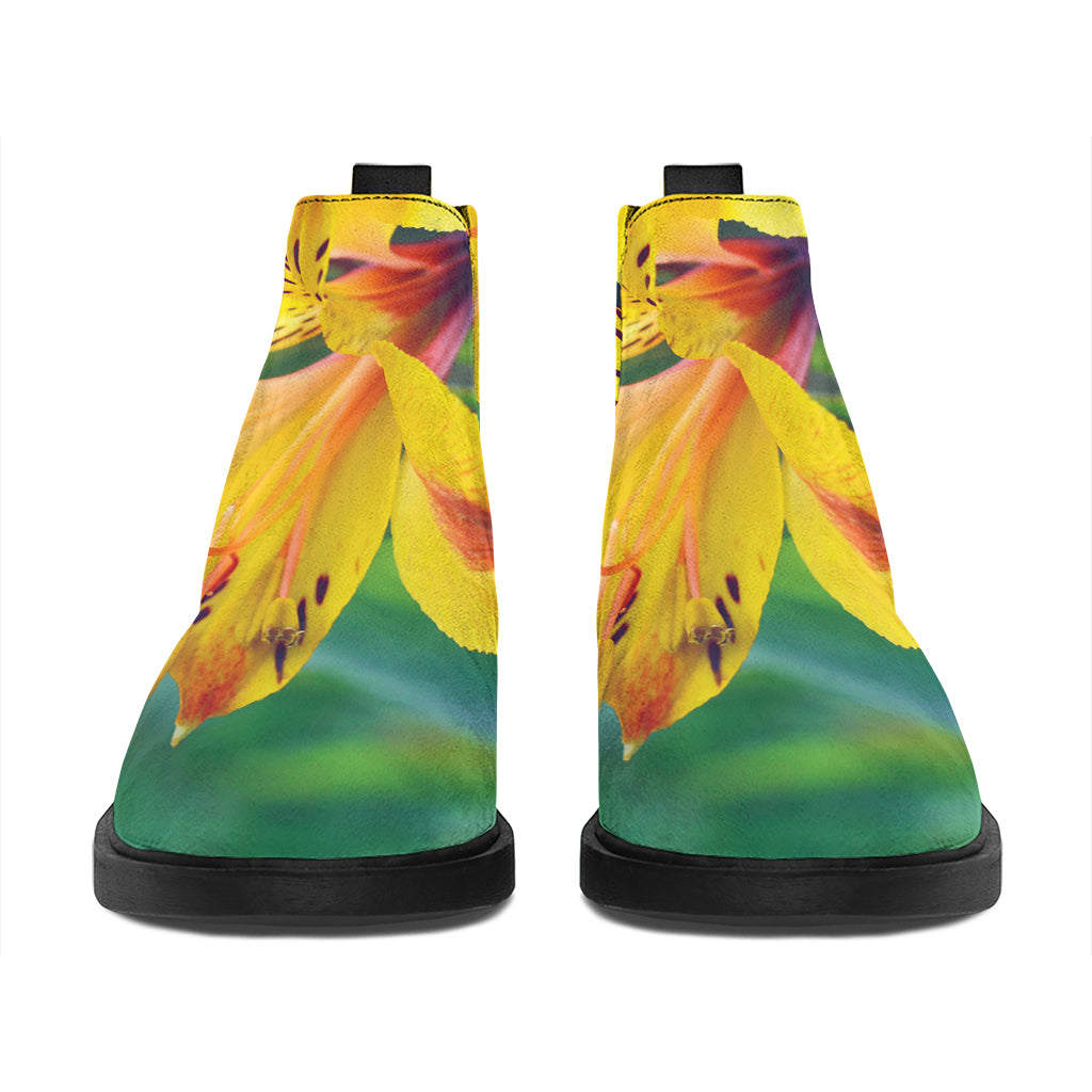 Yellow Alstroemeria Print Flat Ankle Boots