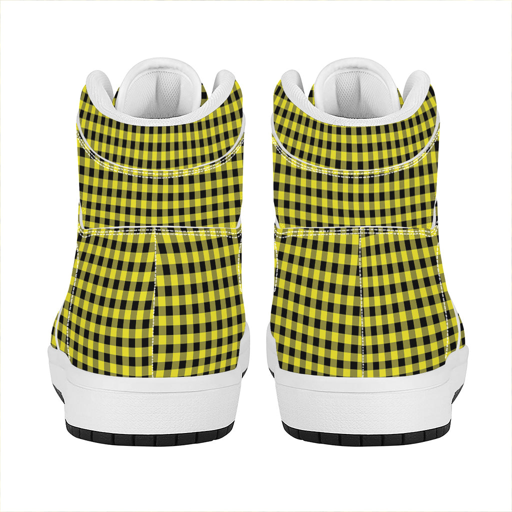 Yellow And Black Check Pattern Print High Top Leather Sneakers