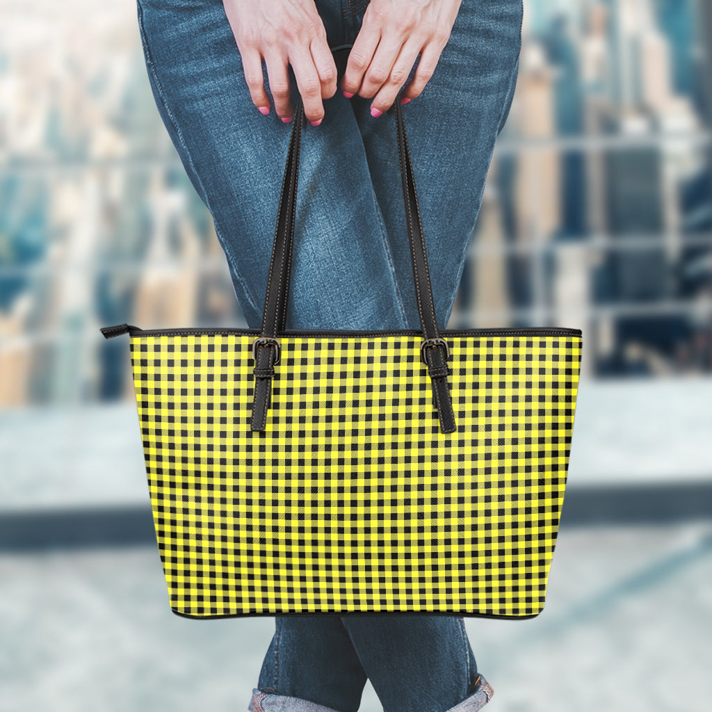 Yellow And Black Check Pattern Print Leather Tote Bag