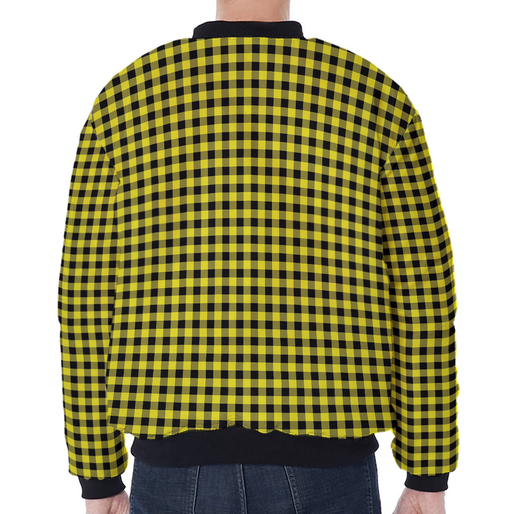Yellow And Black Check Pattern Print Zip Sleeve Bomber Jacket