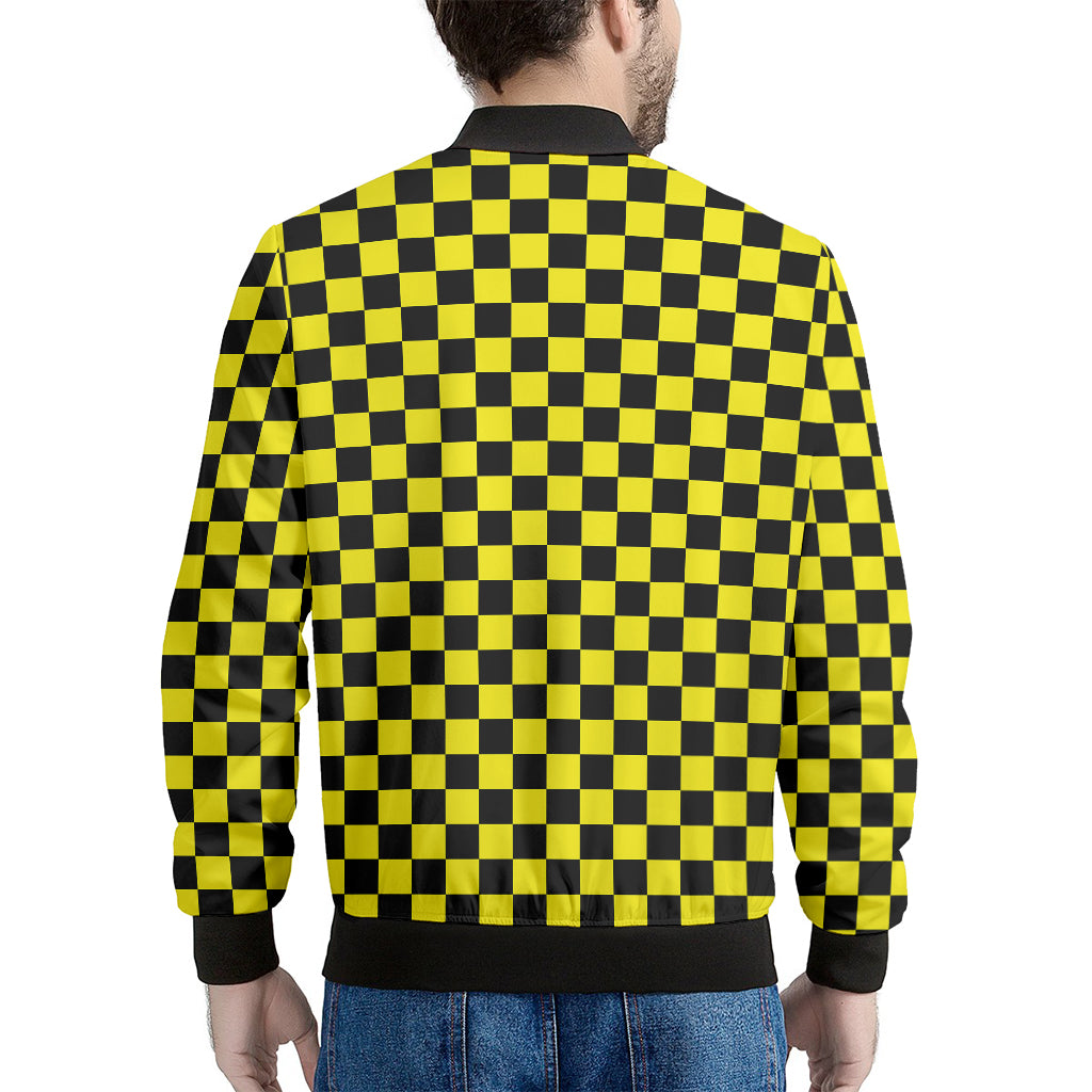 Yellow And Black Checkered Pattern Print Men's Bomber Jacket