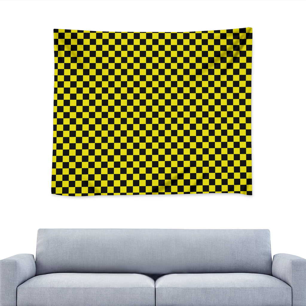 Yellow And Black Checkered Pattern Print Tapestry
