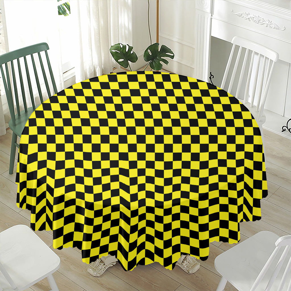 Yellow And Black Checkered Pattern Print Waterproof Round Tablecloth