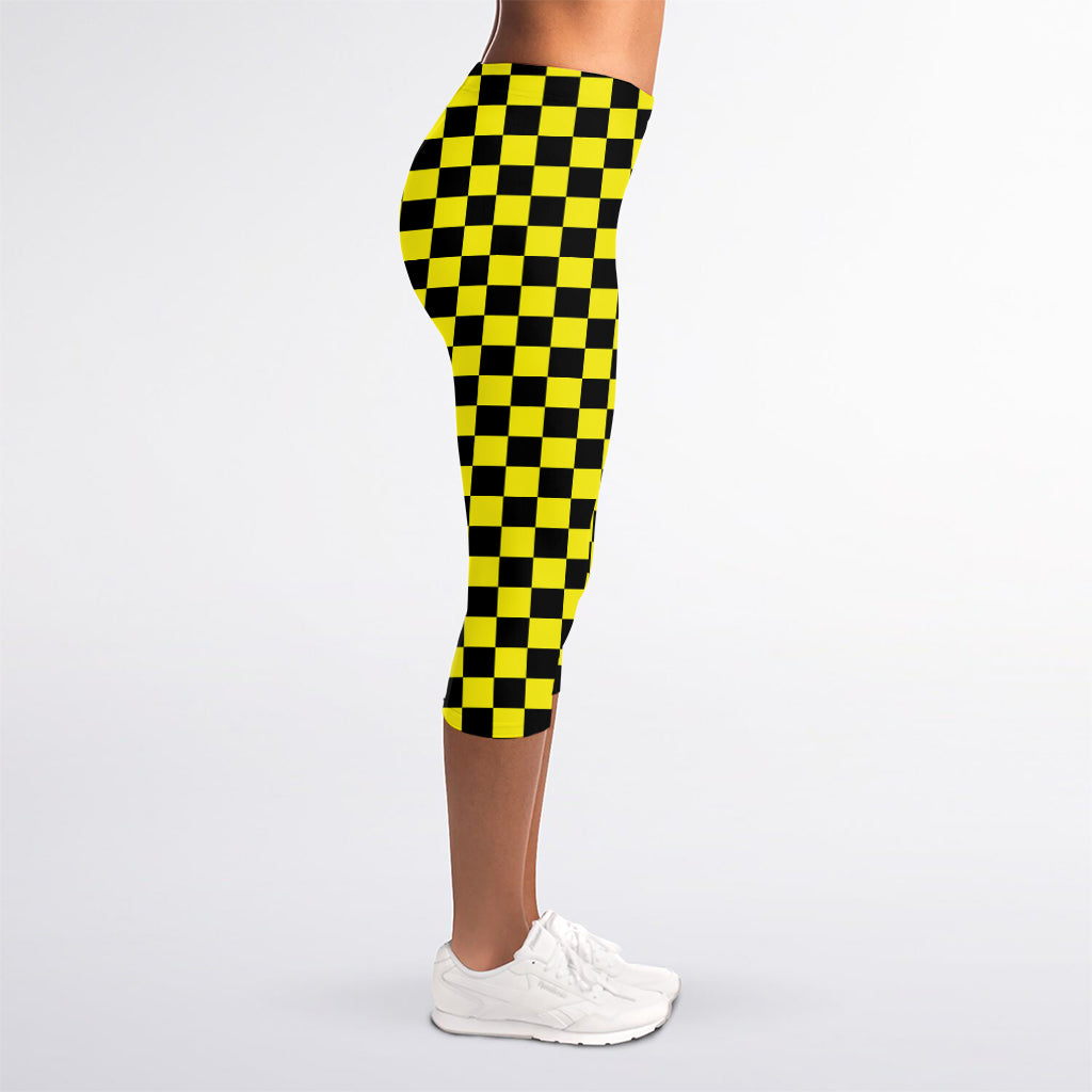 Yellow And Black Checkered Pattern Print Women's Capri Leggings