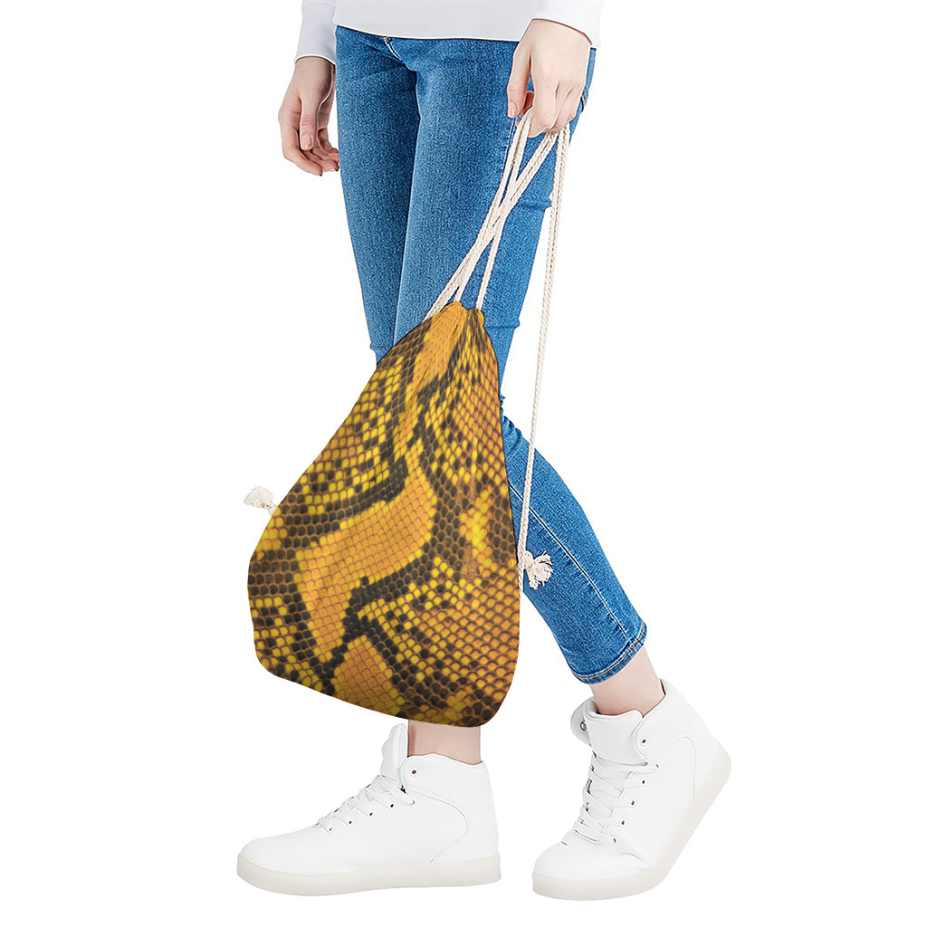 Yellow And Black Snakeskin Print Drawstring Bag