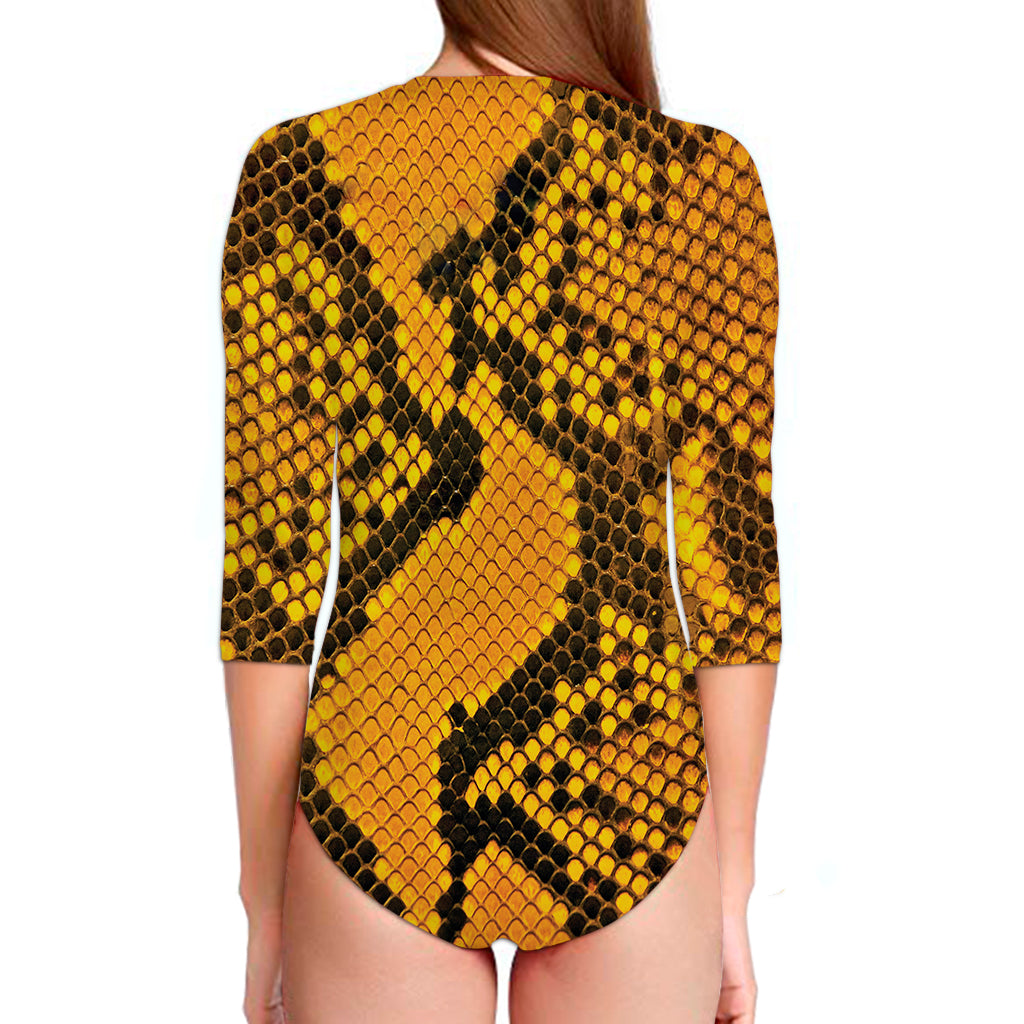 Yellow And Black Snakeskin Print Long Sleeve Swimsuit