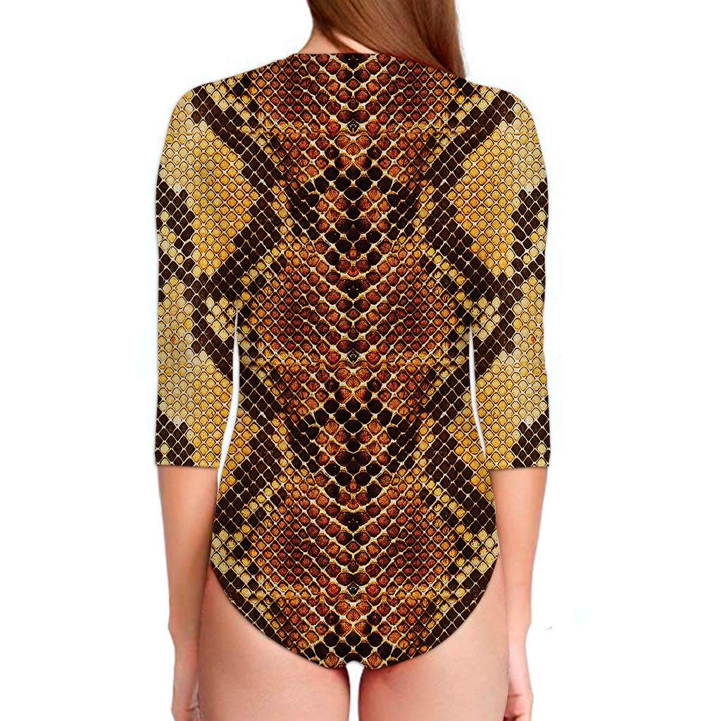 Yellow And Brown Snakeskin Print Long Sleeve Swimsuit