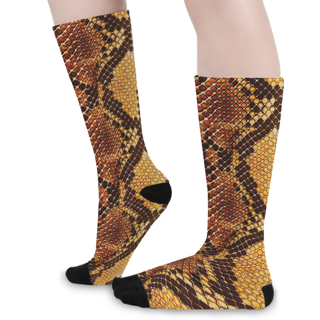 Yellow And Brown Snakeskin Print Long Socks