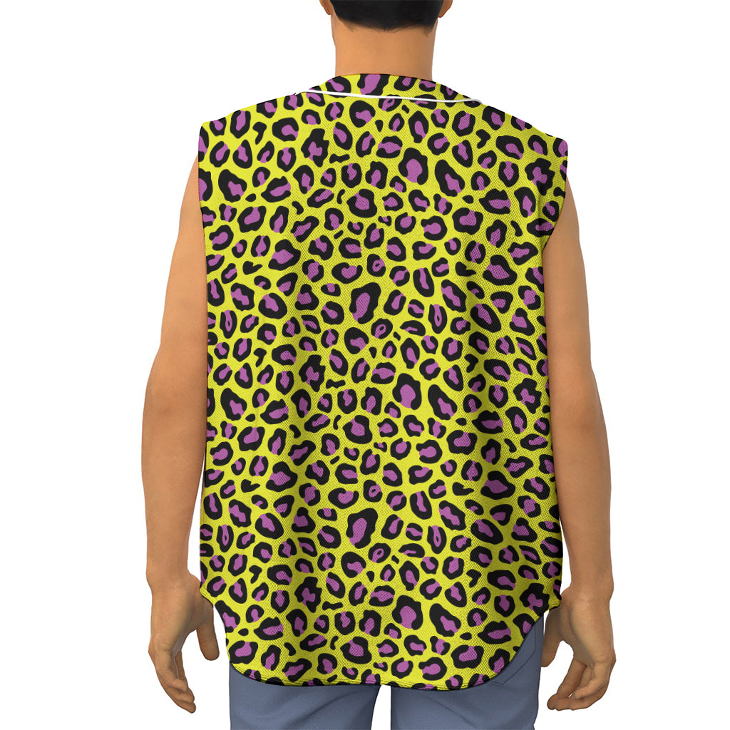 Yellow And Purple Leopard Pattern Print Sleeveless Baseball Jersey