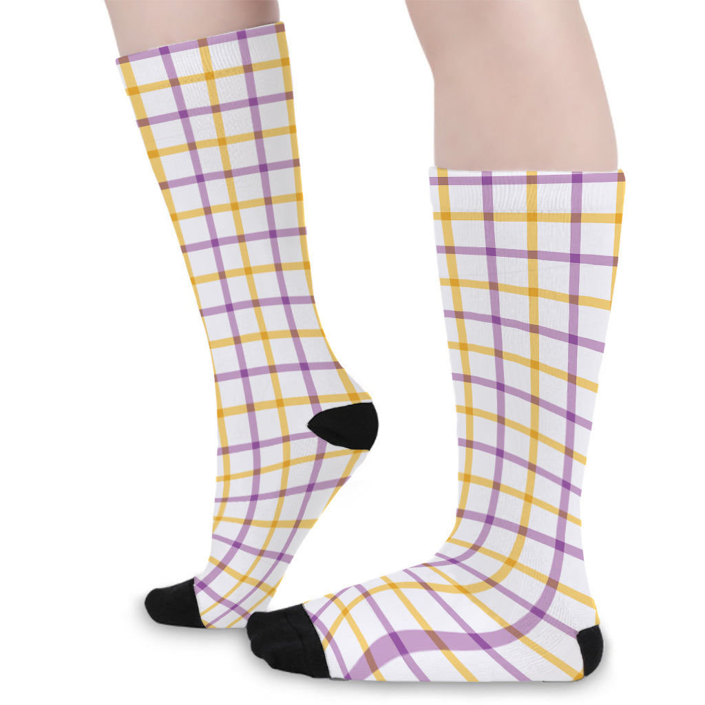 Yellow And Purple Tattersall Print Long Socks