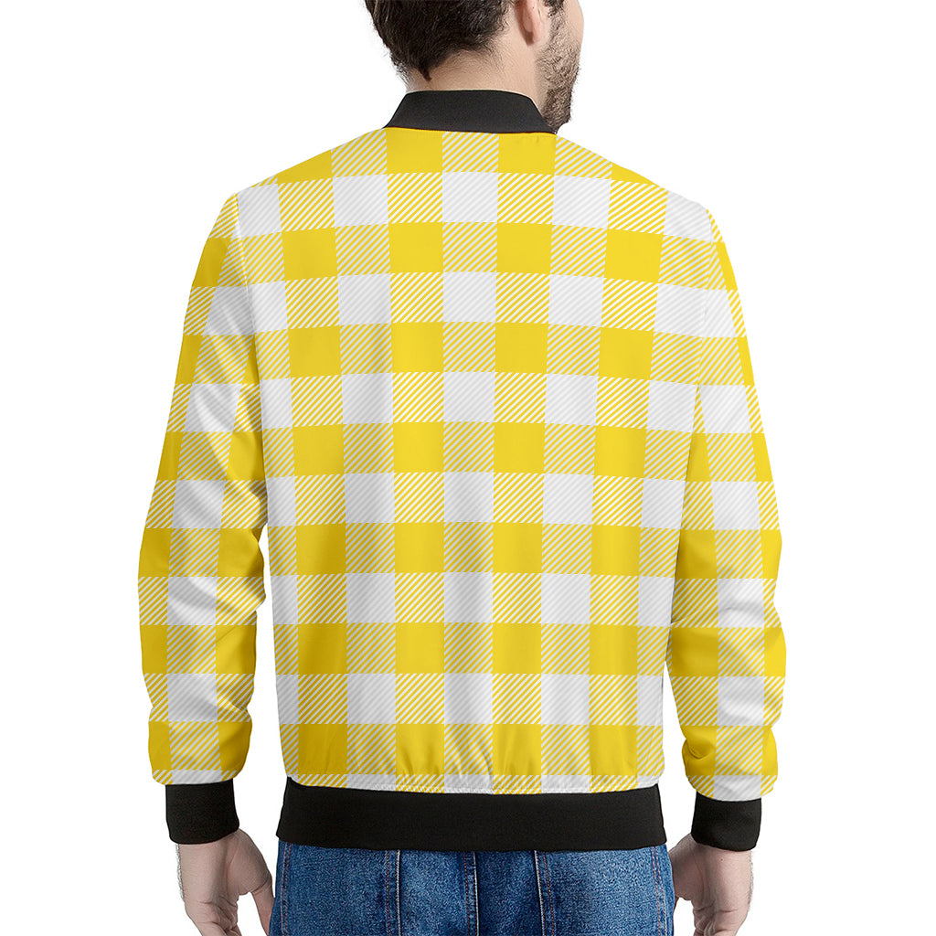Yellow And White Buffalo Check Print Men's Bomber Jacket