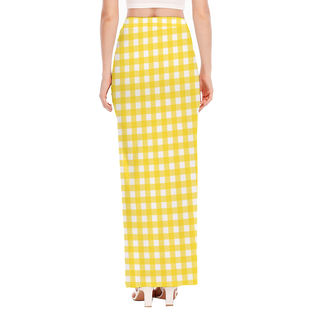 Yellow And White Check Pattern Print High Slit Maxi Skirt