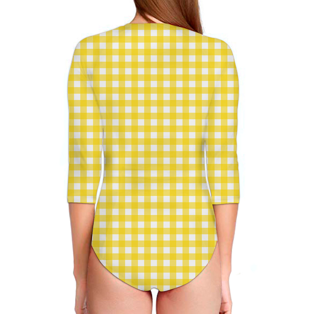 Yellow And White Check Pattern Print Long Sleeve Swimsuit