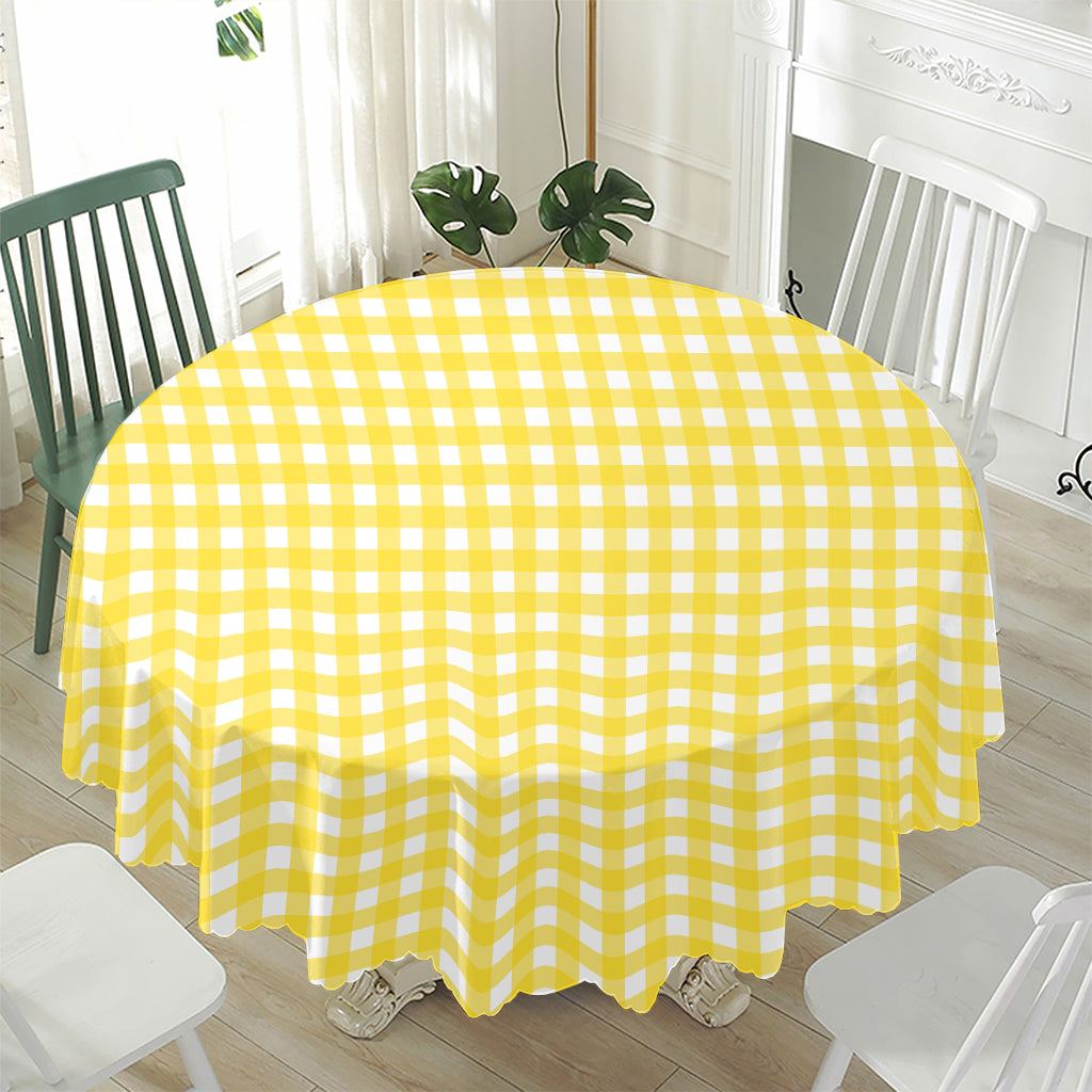 Yellow And White Check Pattern Print Waterproof Round Tablecloth