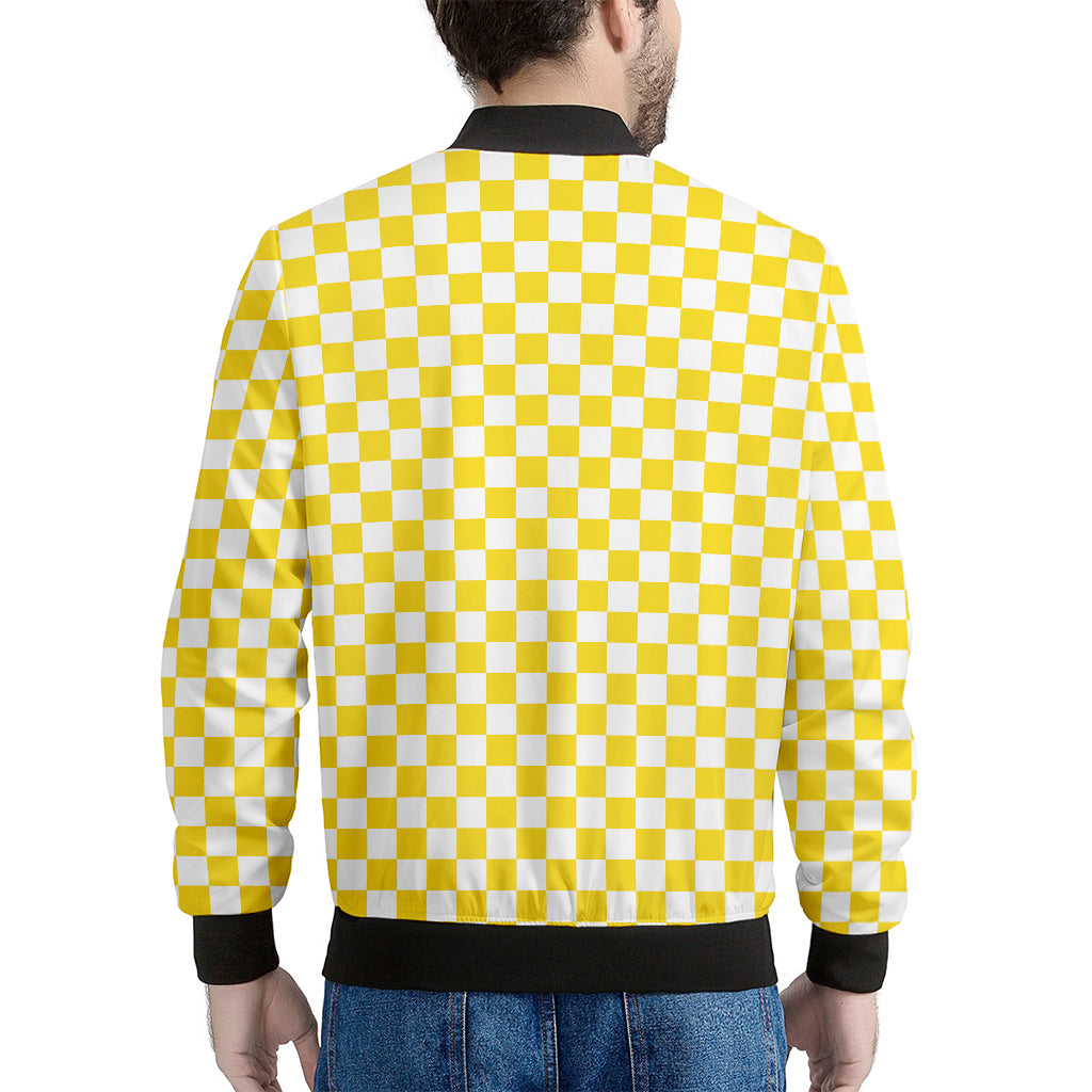 Yellow And White Checkered Pattern Print Men's Bomber Jacket