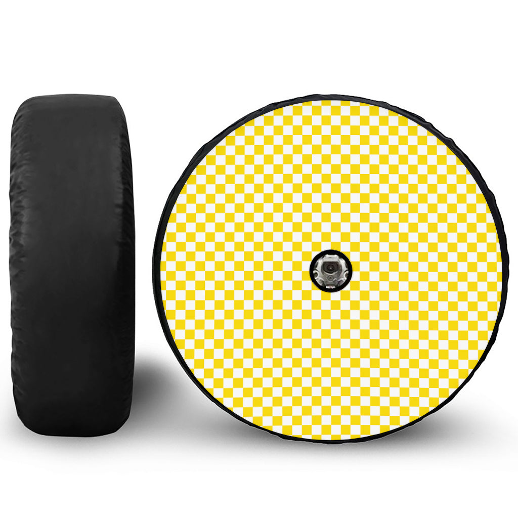 Yellow And White Checkered Pattern Print Tire Cover With Camera Hole