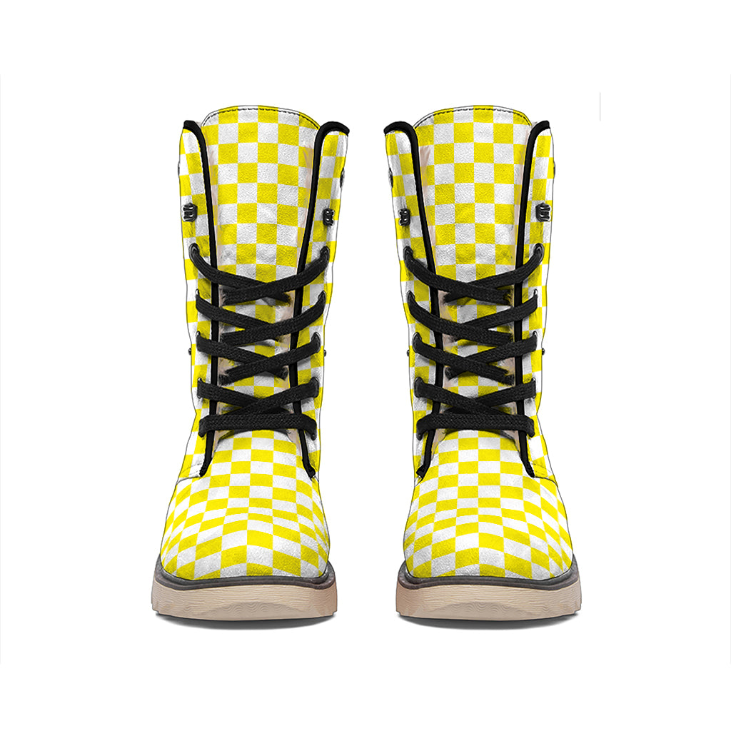 Yellow And White Checkered Pattern Print Winter Boots