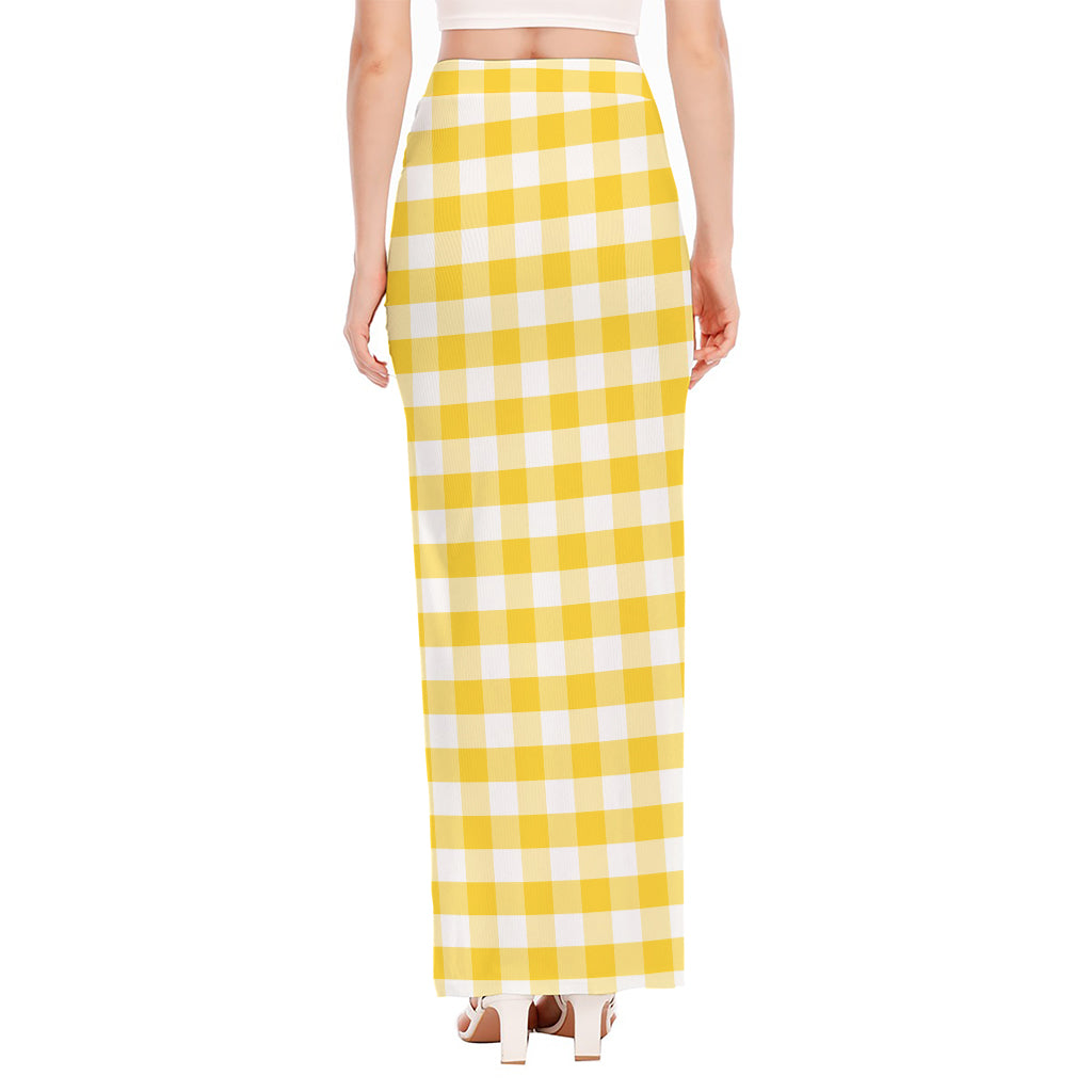 Yellow And White Gingham Pattern Print High Slit Maxi Skirt