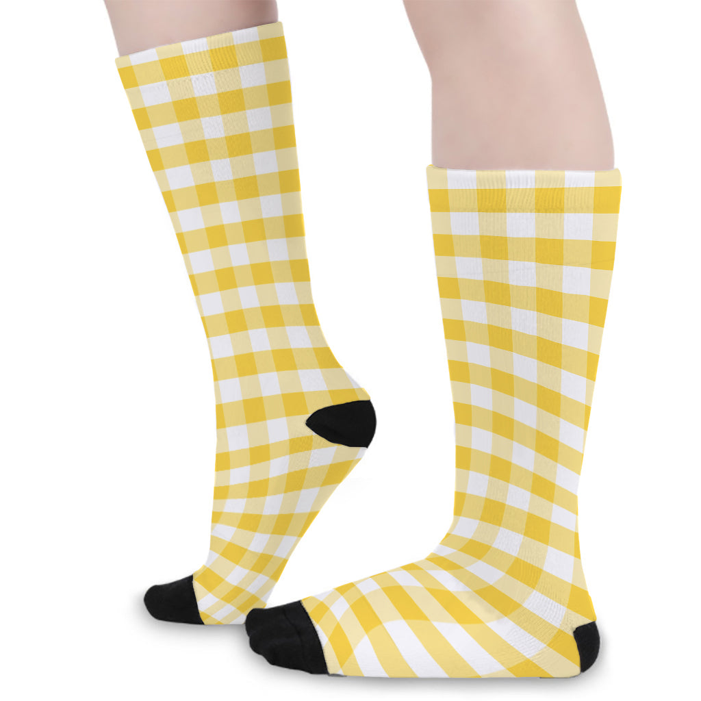 Yellow And White Gingham Pattern Print Long Socks