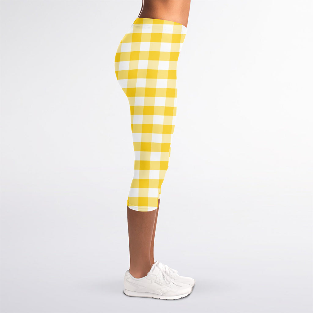 Yellow And White Gingham Pattern Print Women's Capri Leggings