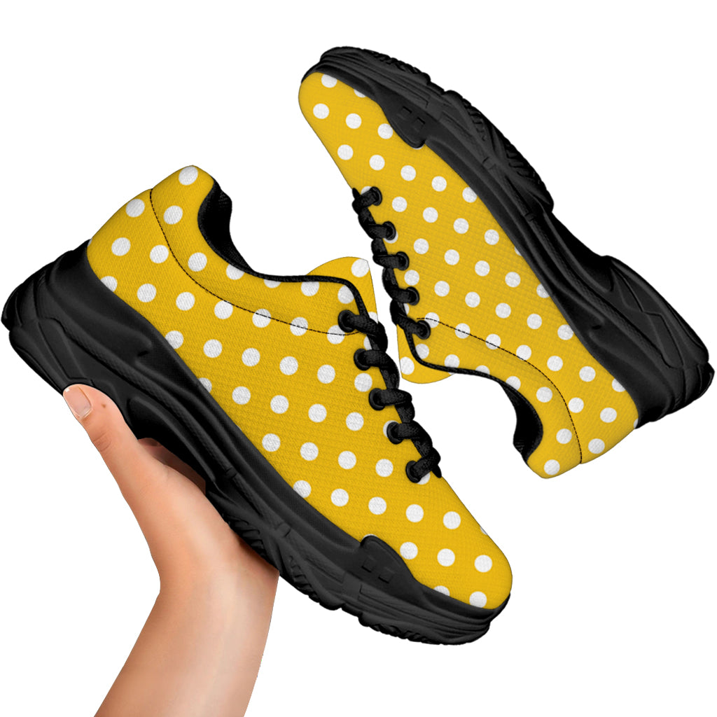 Yellow And White Polka Dot Pattern Print Black Chunky Shoes