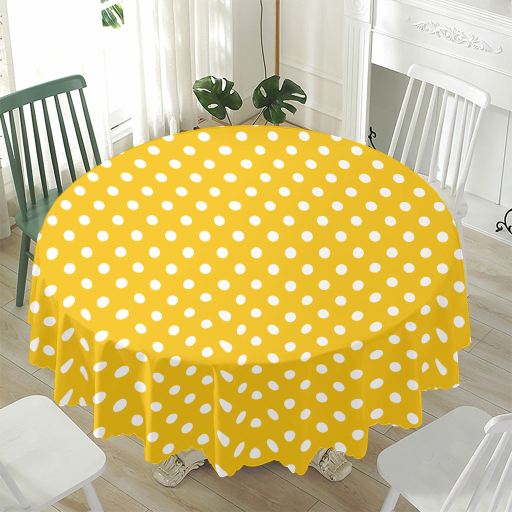 Yellow And White Polka Dot Pattern Print Waterproof Round Tablecloth