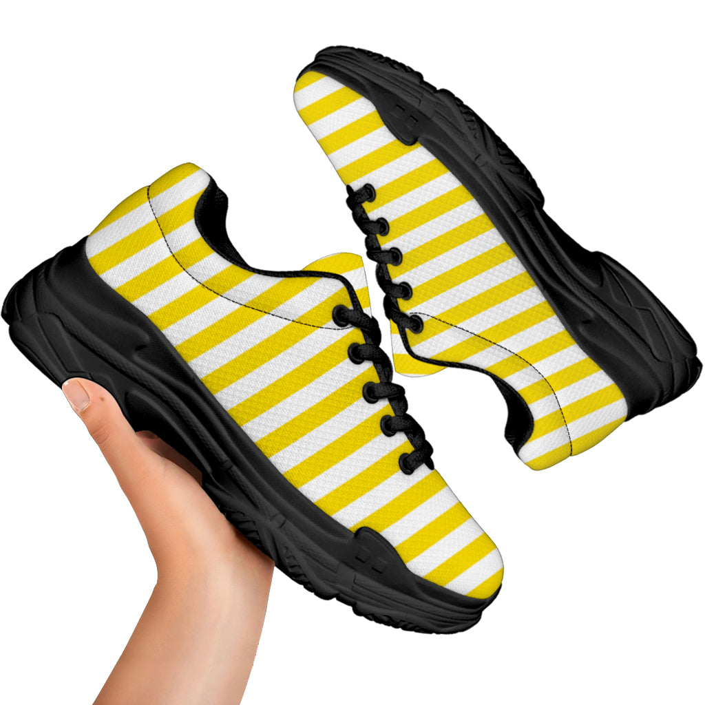 Yellow And White Striped Pattern Print Black Chunky Shoes