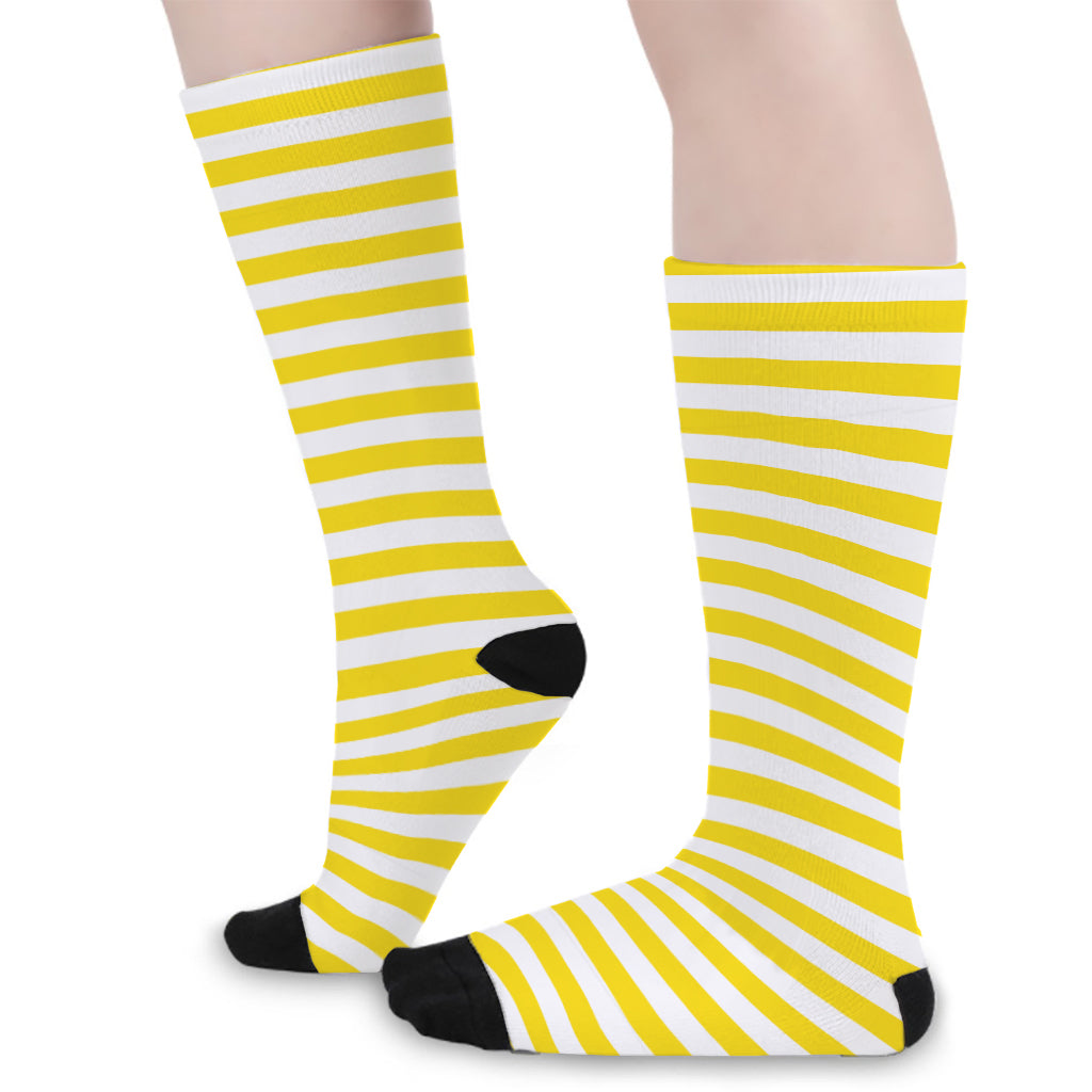Yellow And White Striped Pattern Print Long Socks
