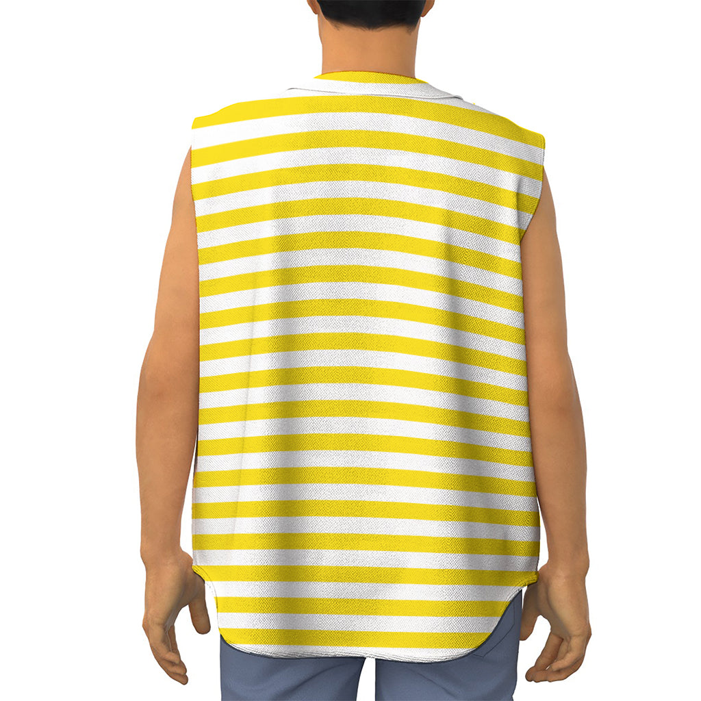Yellow And White Striped Pattern Print Sleeveless Baseball Jersey