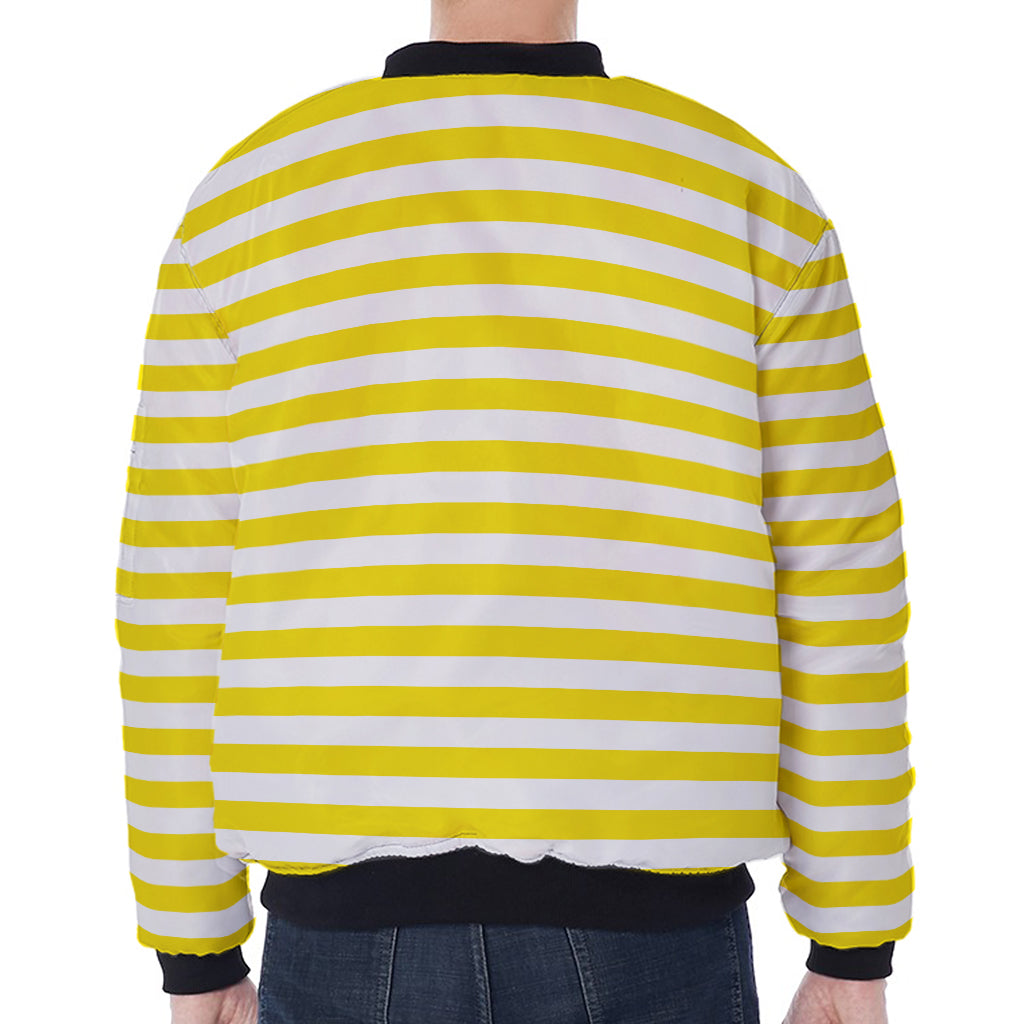 Yellow And White Striped Pattern Print Zip Sleeve Bomber Jacket