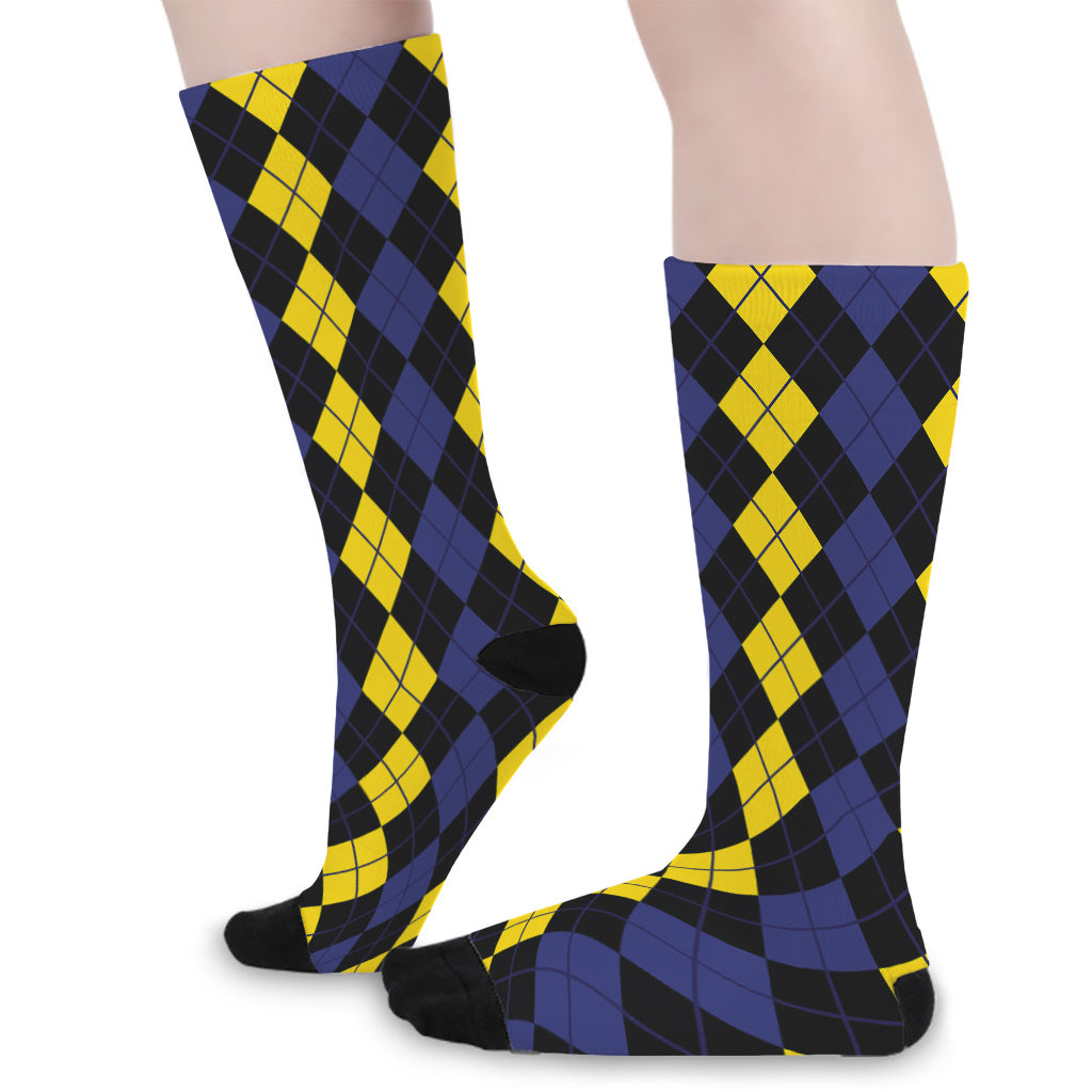 Yellow Black And Blue Argyle Print Long Socks
