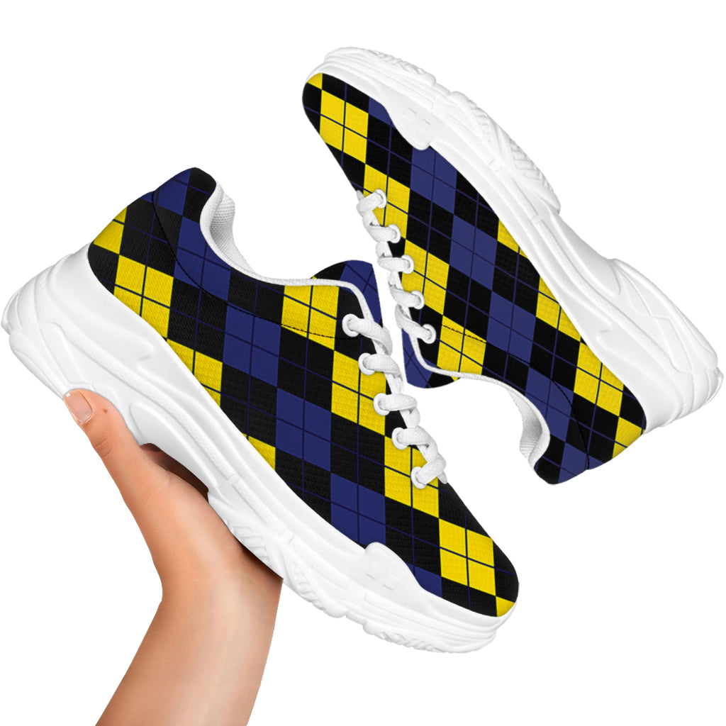 Yellow Black And Blue Argyle Print White Chunky Shoes