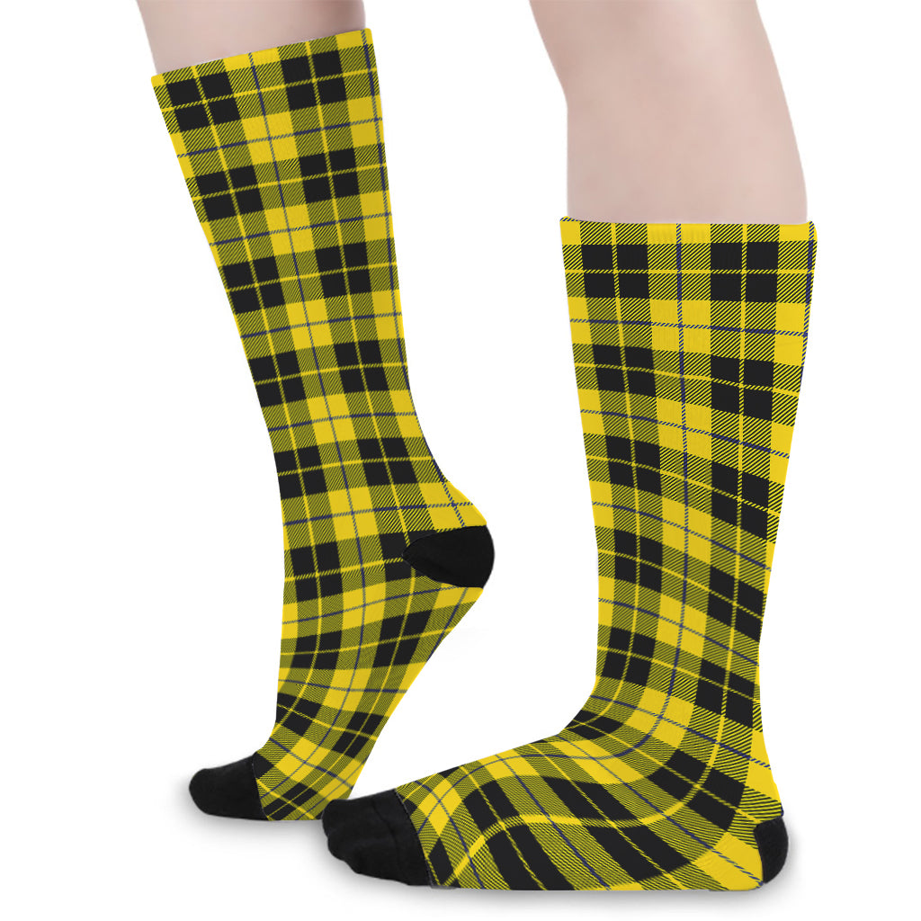 Yellow Black And Blue Tartan Print Long Socks