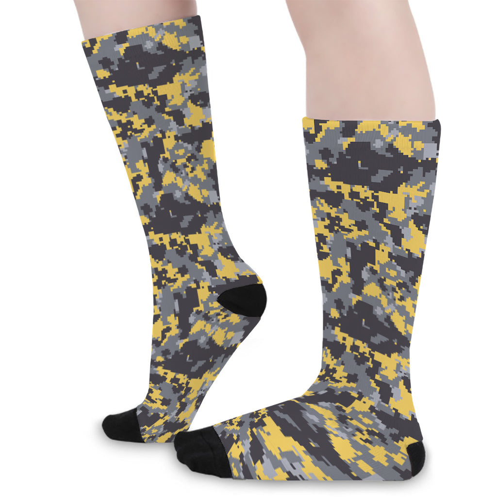 Yellow Black And Grey Digital Camo Print Long Socks