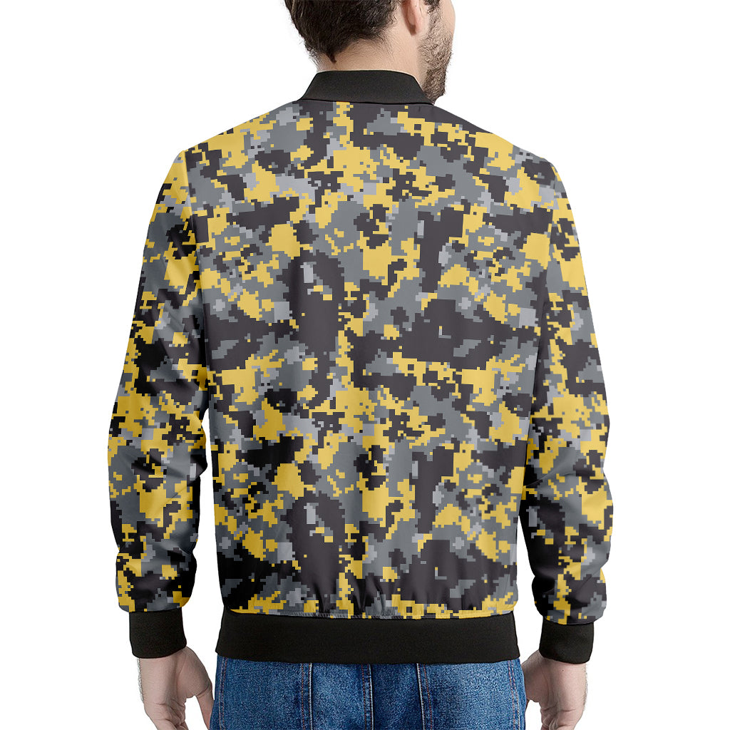 Yellow Black And Grey Digital Camo Print Men's Bomber Jacket