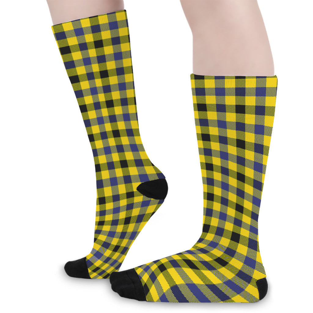 Yellow Black And Navy Plaid Print Long Socks