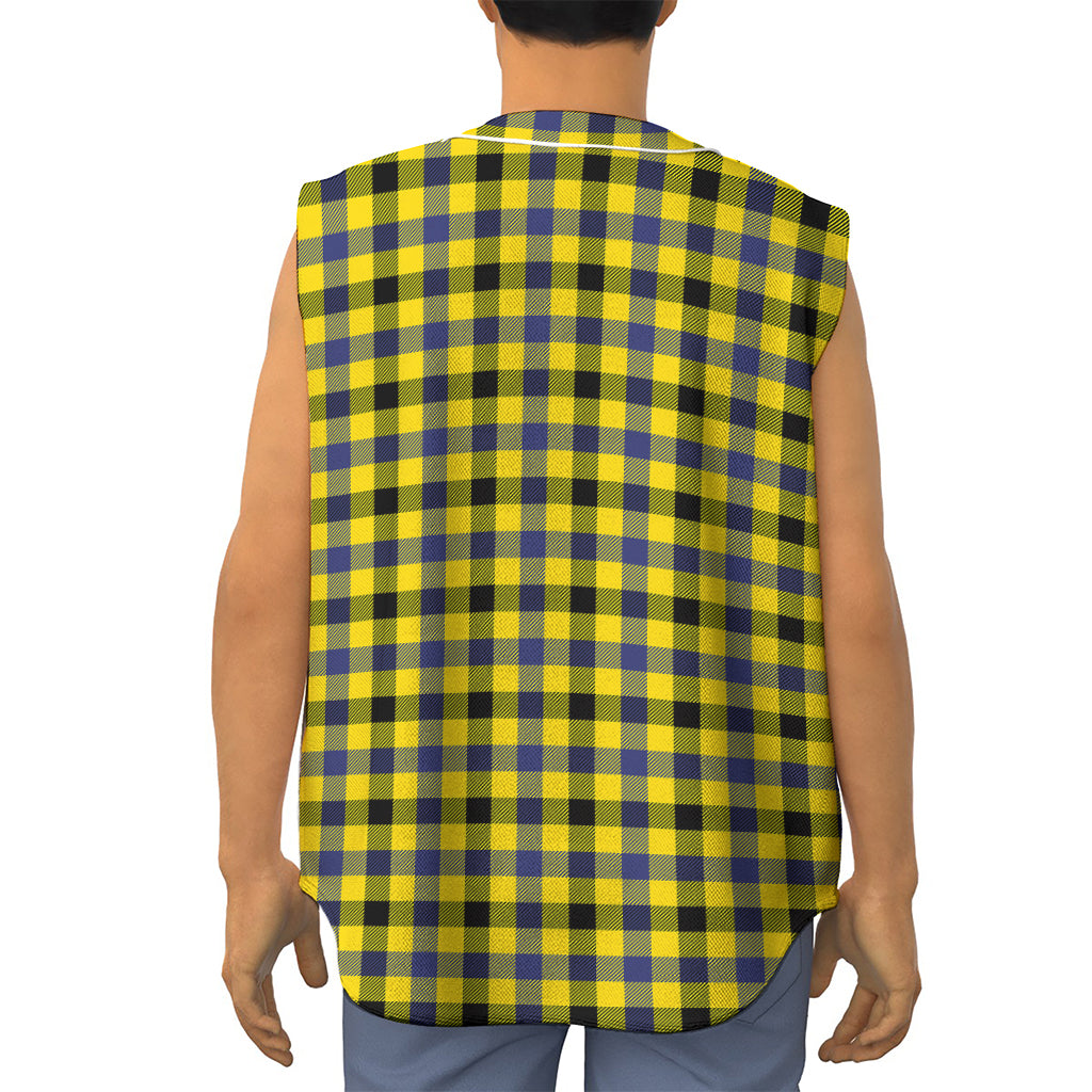 Yellow Black And Navy Plaid Print Sleeveless Baseball Jersey
