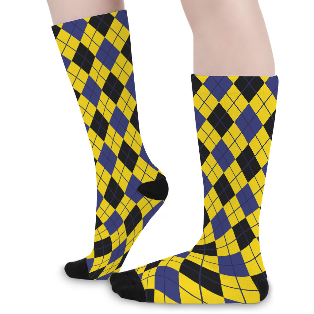 Yellow Blue And Black Argyle Print Long Socks