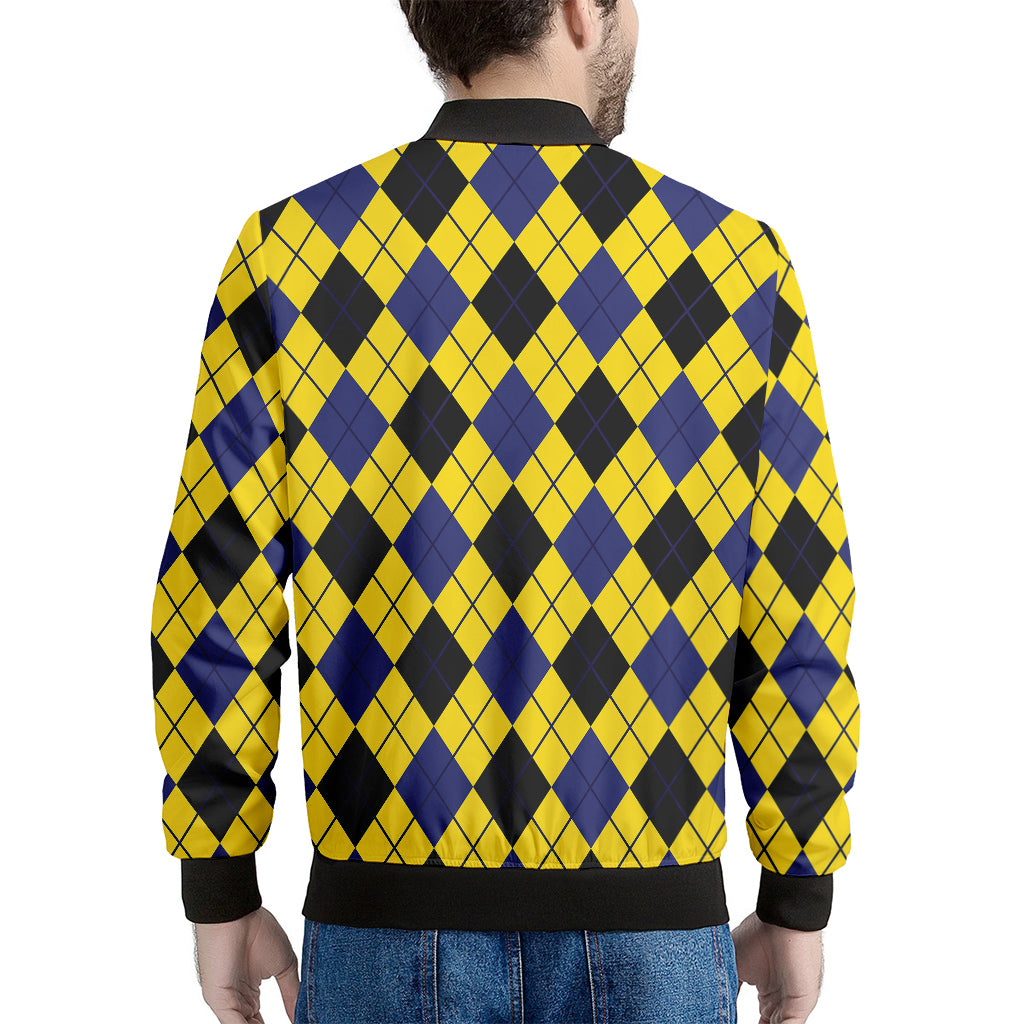 Yellow Blue And Black Argyle Print Men's Bomber Jacket