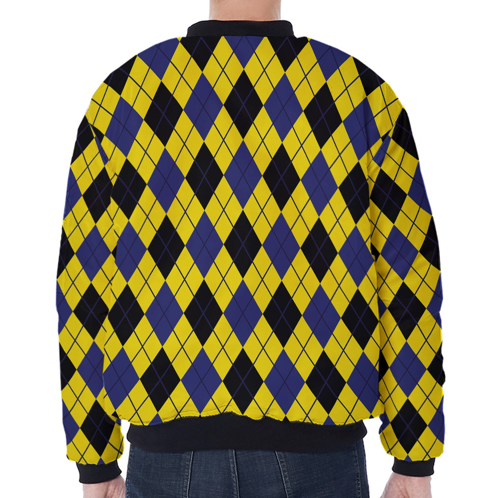 Yellow Blue And Black Argyle Print Zip Sleeve Bomber Jacket