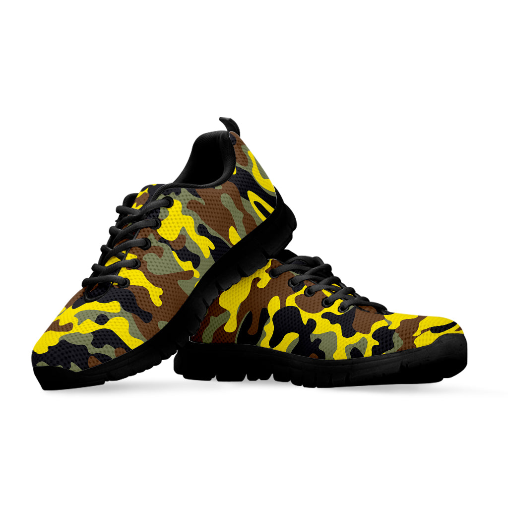 Yellow Brown And Black Camouflage Print Black Running Shoes