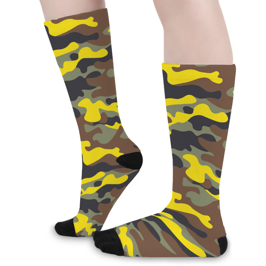 Yellow Brown And Black Camouflage Print Long Socks