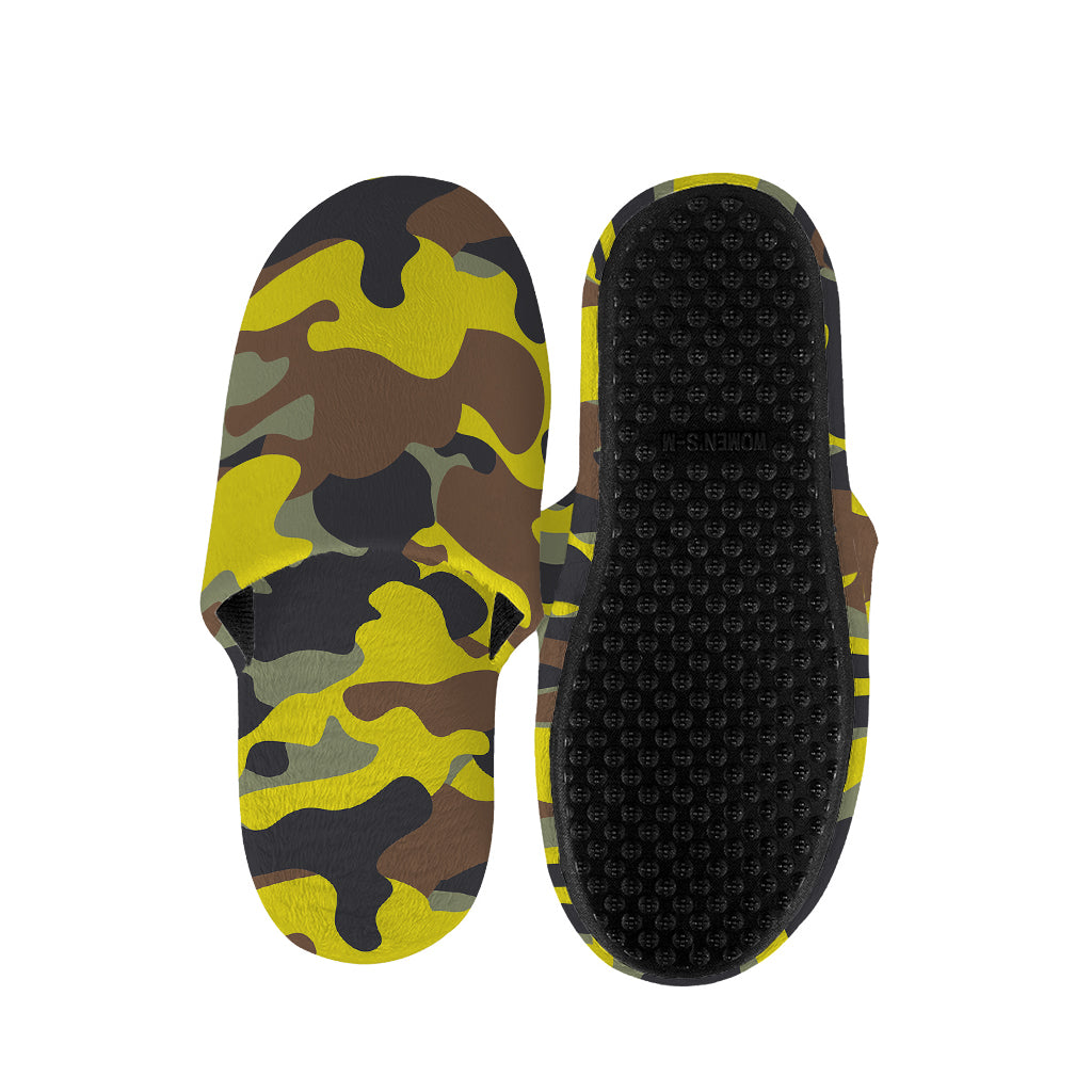 Yellow Brown And Black Camouflage Print Slippers