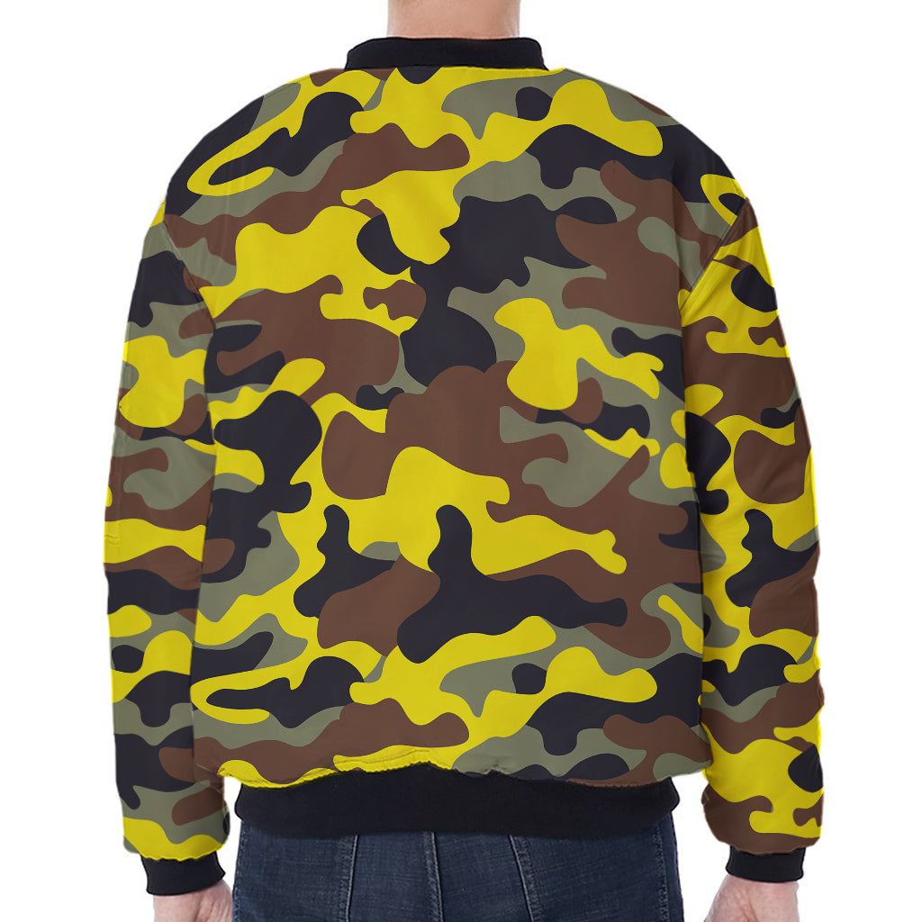 Yellow Brown And Black Camouflage Print Zip Sleeve Bomber Jacket