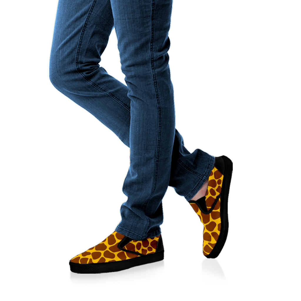 Yellow Brown Giraffe Pattern Print Black Slip On Sneakers