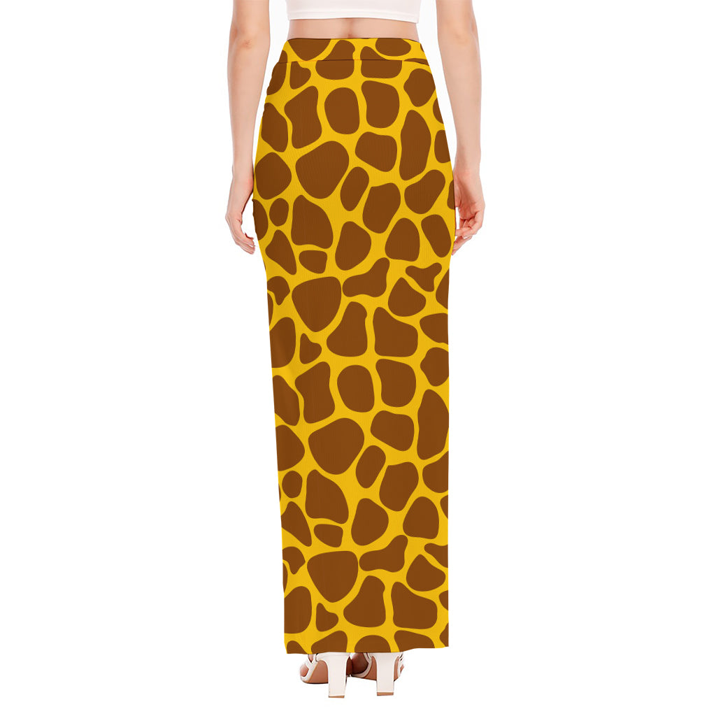 Yellow Brown Giraffe Pattern Print High Slit Maxi Skirt