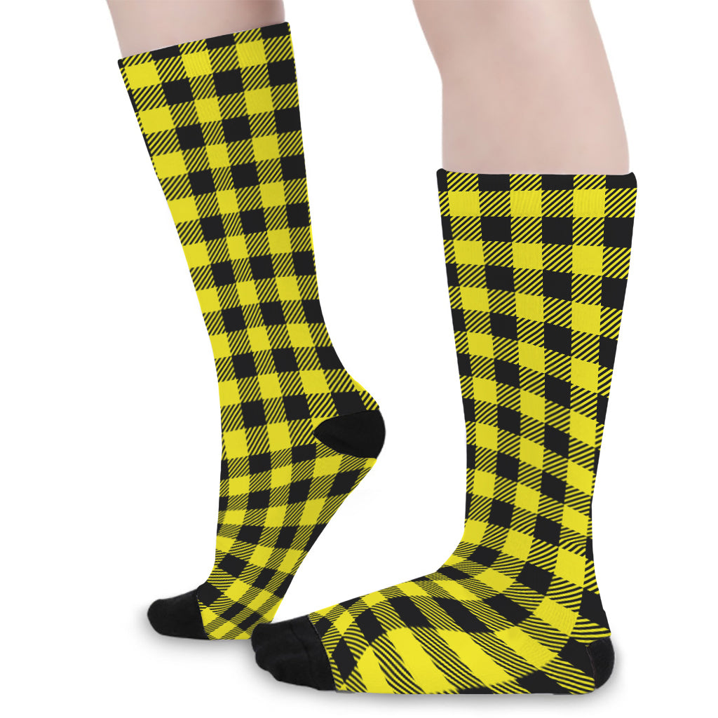 Yellow Buffalo Plaid Print Long Socks