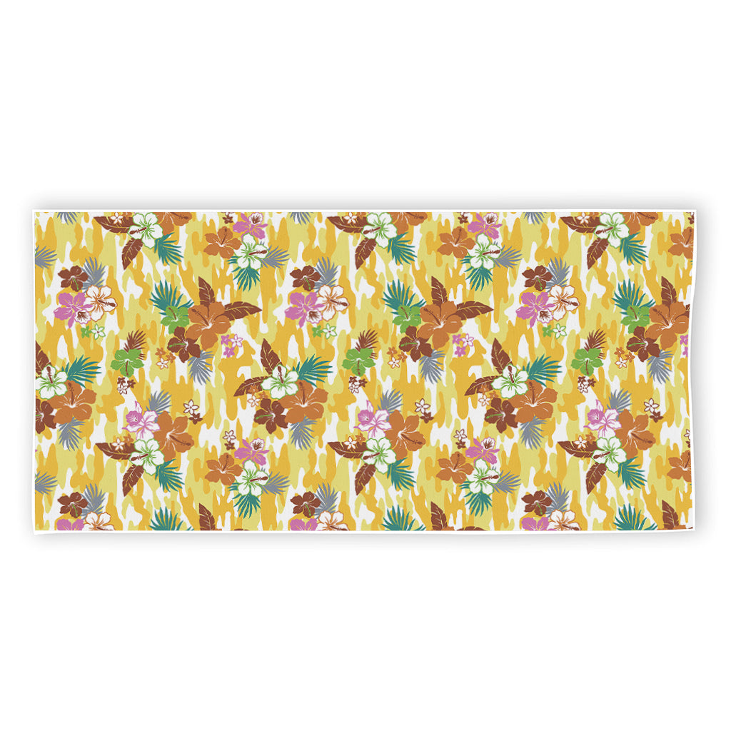 Yellow Camo And Hibiscus Flower Print Beach Towel
