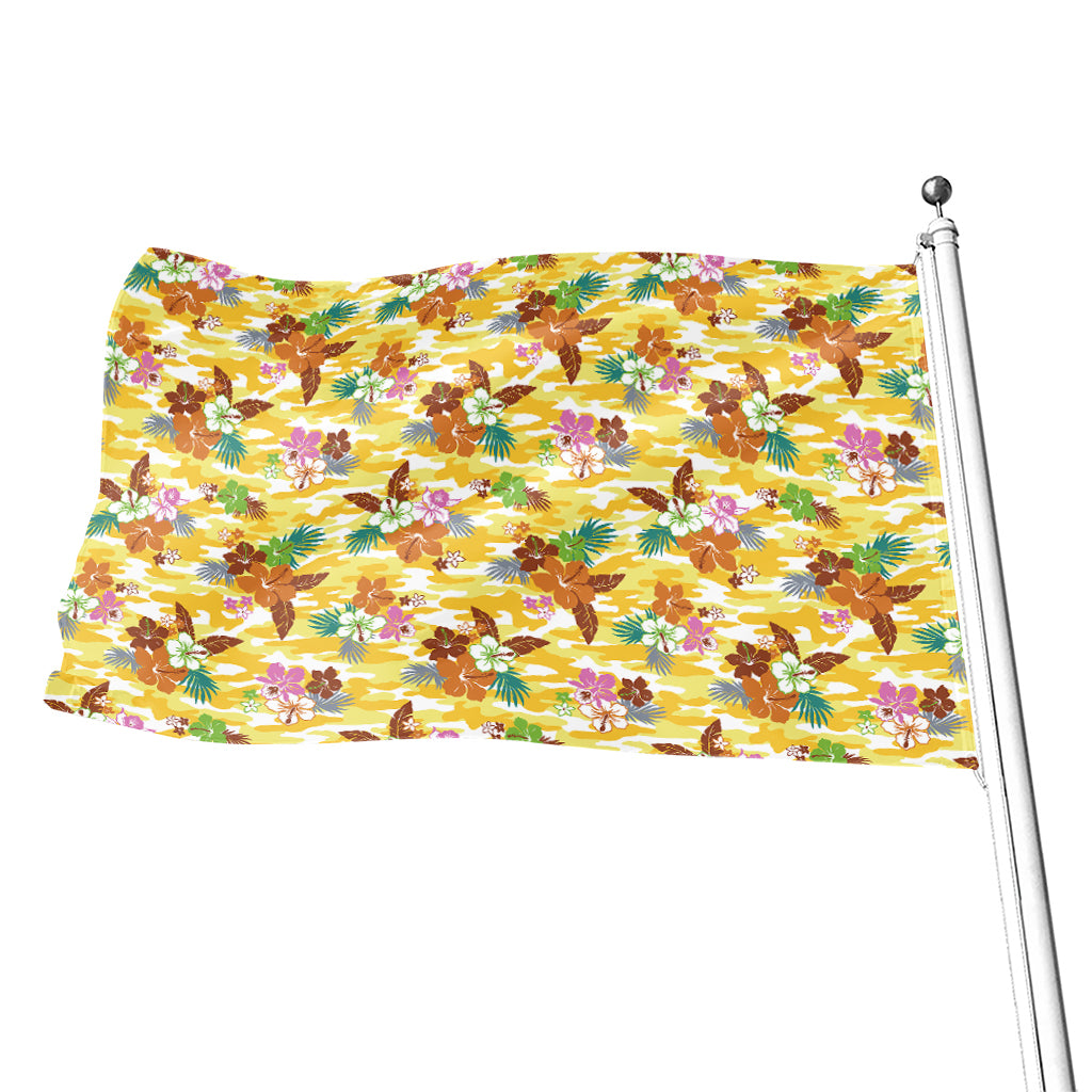 Yellow Camo And Hibiscus Flower Print Flag